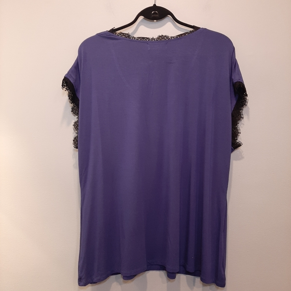 ANNA SCHOLZ Fringed Tunic Top Short Dolman Sleeve Vneck Eyelash Lace Blouse - Picture 5 of 6